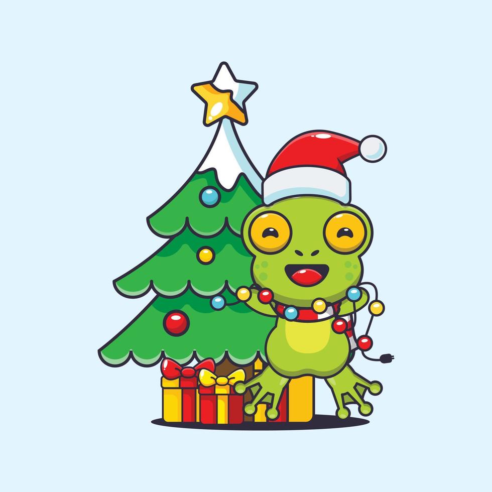 Cute frog with christmast lamp. Cute christmas cartoon illustration. vector