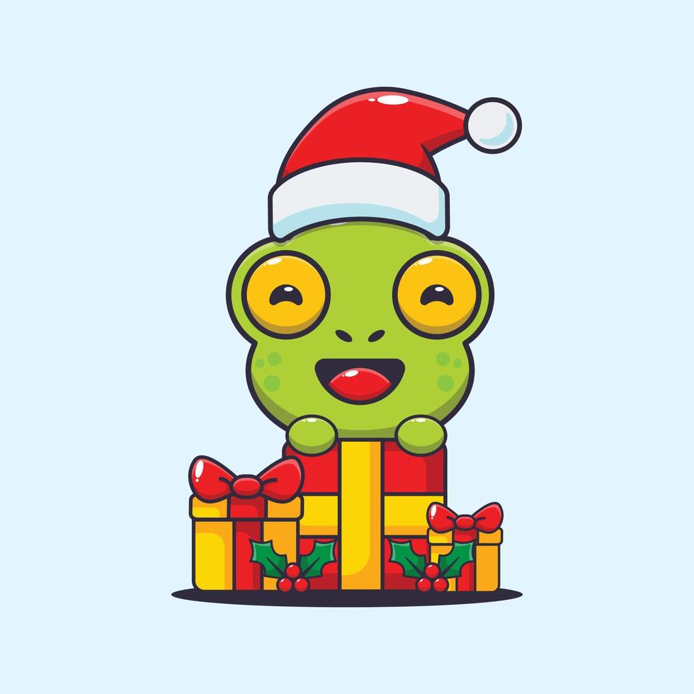 Cute frog with christmas gift. Cute christmas cartoon illustration. vector