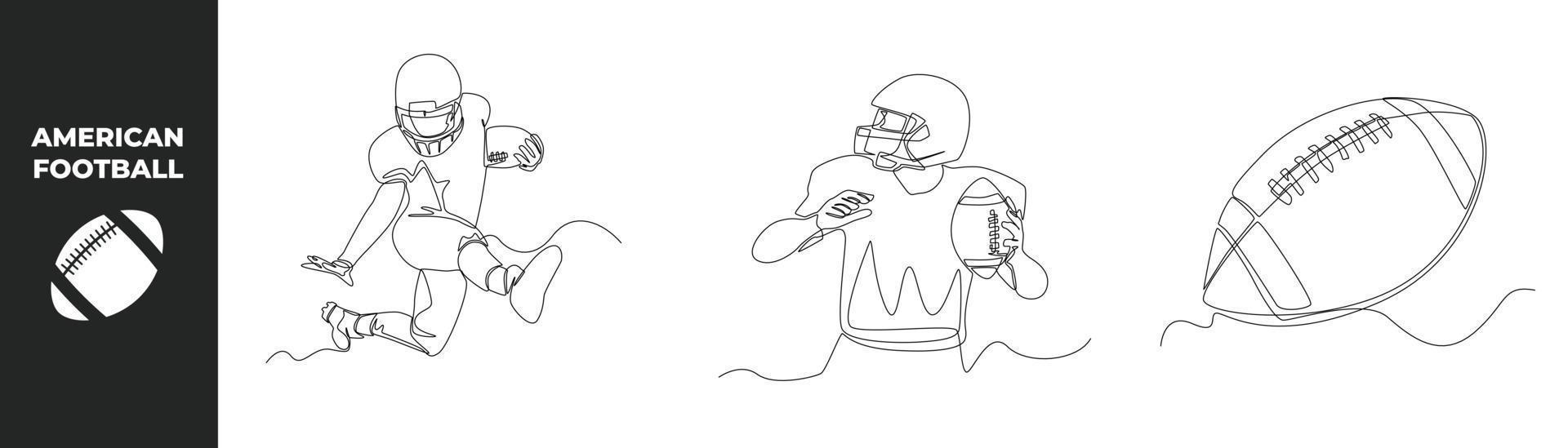 Continuous one line drawing American football set concept. American football sportsman player and American football ball. Single line draw design vector graph.
