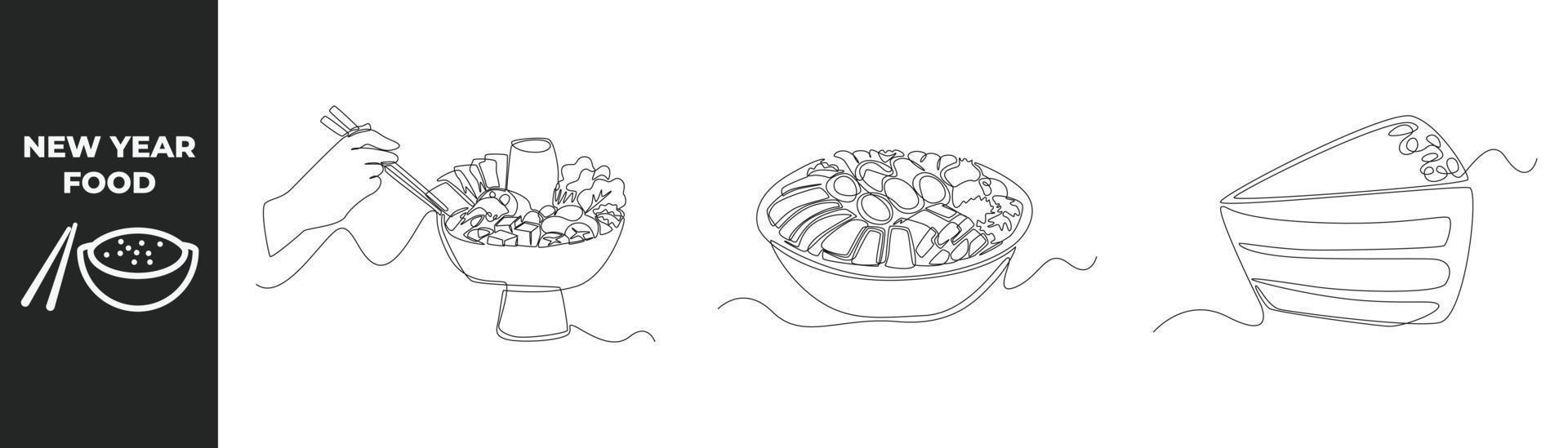 Single one line drawing new year food set concept. Hand ready to enjoy delicious hotpot together and foods other. Continuous line draw design graphic vector illustration.