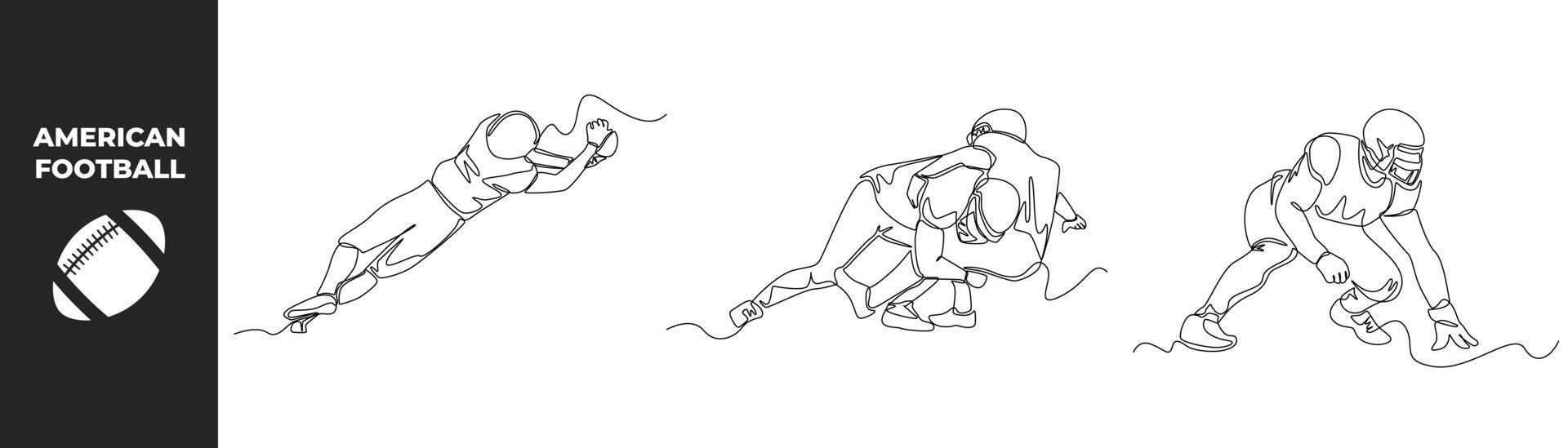 Continuous one line drawing American football set concept. Various poses of American Football Players in playing Single line draw design vector graph.
