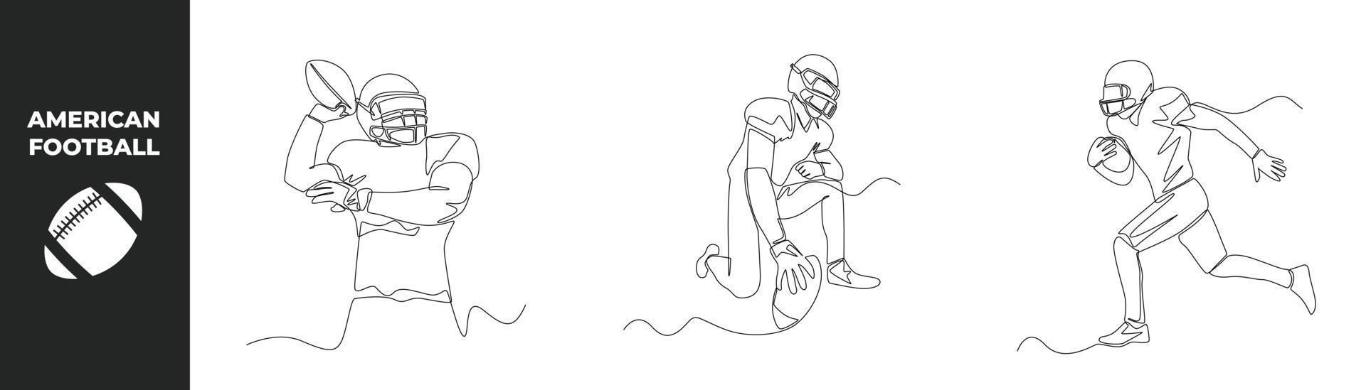 Continuous one line drawing American football set concept. Various poses of American Football Players in playing Single line draw design vector graph.