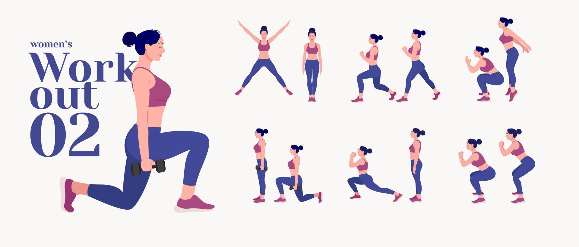 Workout girl set. Woman doing fitness and yoga exercises. Lunges and squats, plank and abc. Full body workout. vector