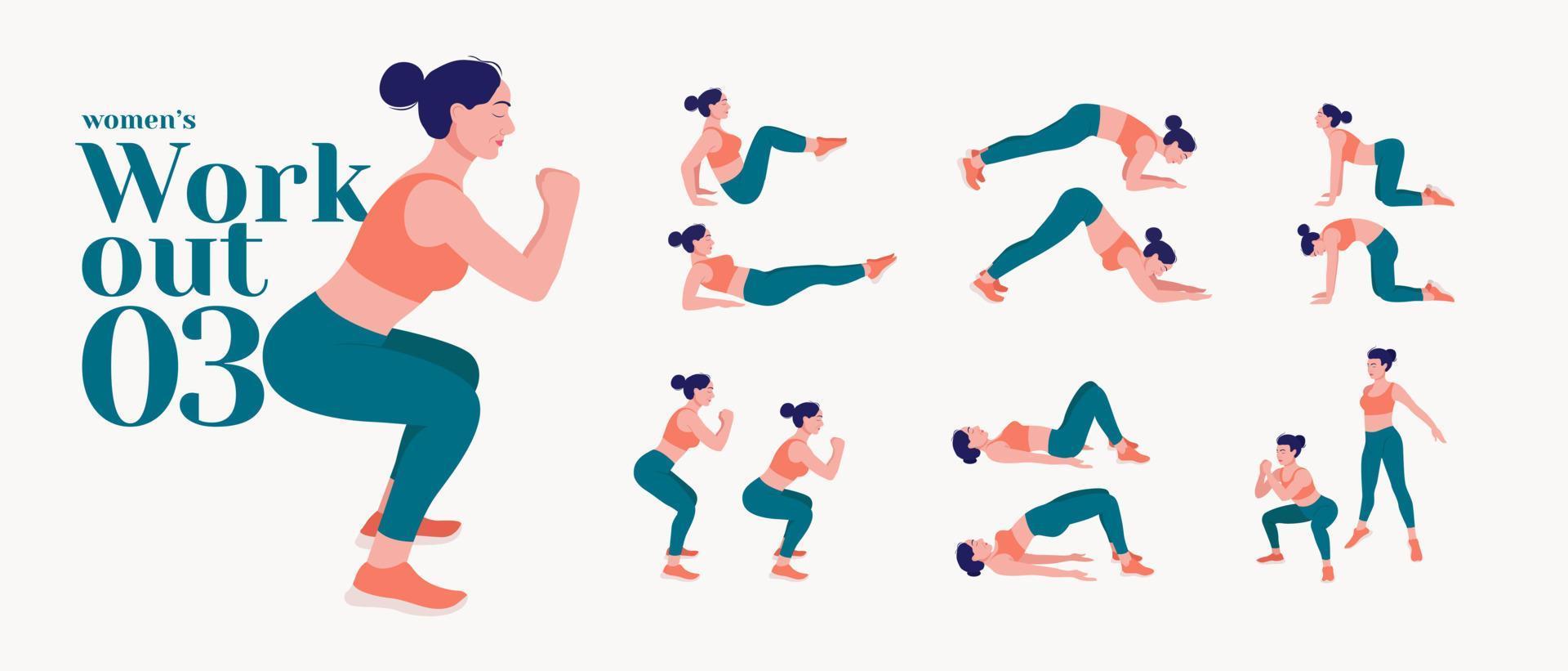 conjunto de chica de entrenamiento. mujer haciendo ejercicios de fitness y yoga. estocadas y sentadillas, tablones y abc. entrenamiento de cuerpo completo. vector