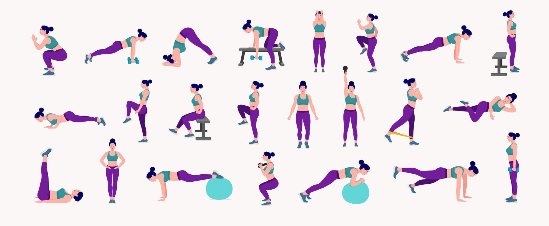 conjunto de chica de entrenamiento. mujer haciendo ejercicios de fitness y yoga. estocadas y sentadillas, tablones y abc. entrenamiento de cuerpo completo. vector