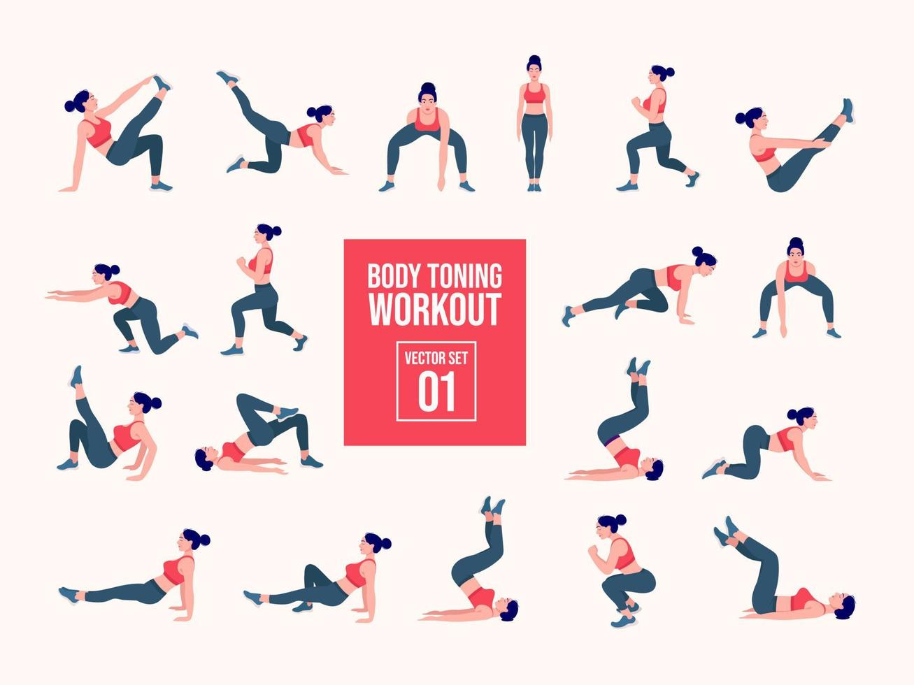 Women Workout Set. Women doing fitness and yoga exercises. Lunges, Pushups,  Squats, Dumbbell rows, Burpees, Side planks, Situ ps, Glute bridge, Leg  Raise, Russian Twist, Side Crunch .etc 13794570 Vector Art at