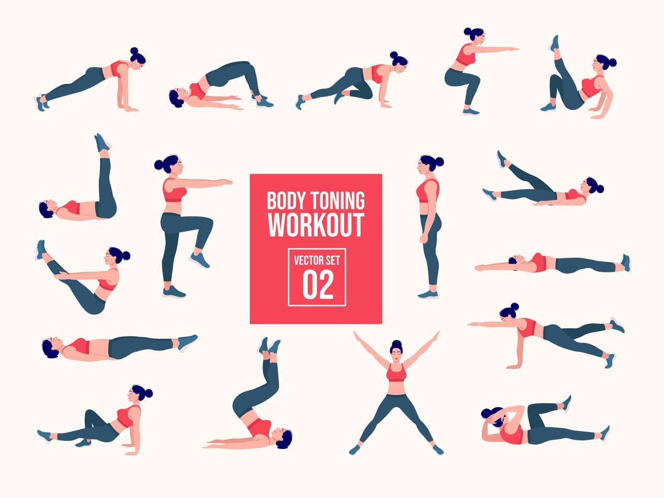 Women Workout Set. women exercise vector set. Women doing fitness and yoga exercises. Lunges, Pushups, Squats, Dumbbell rows, Burpees, Side planks, Glute bridge, Leg Raise, Russian Twist .etc