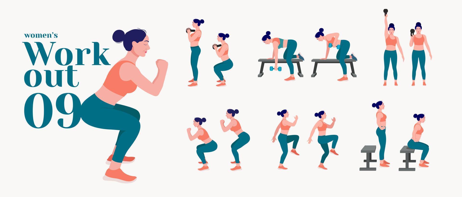 Workout girl set. Woman doing fitness and yoga exercises. Lunges and squats, plank and abc. Full body workout. vector