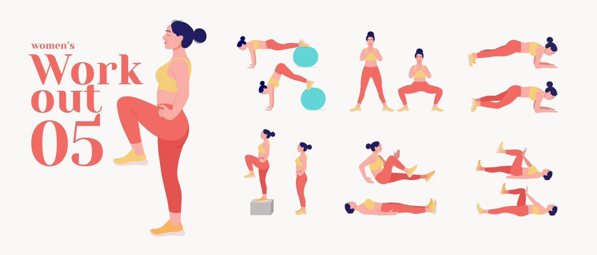 conjunto de chica de entrenamiento. mujer haciendo ejercicios de fitness y yoga. estocadas y sentadillas, tablones y abc. entrenamiento de cuerpo completo. vector