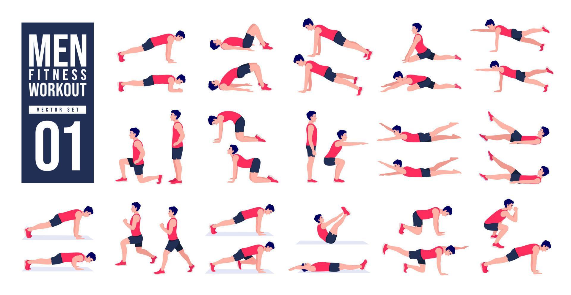Men Workout Set. Men exercise vector set. Men doing fitness and yoga