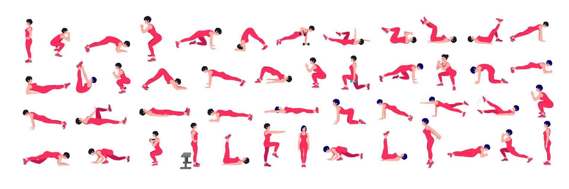 Women Workout Set. women exercise vector set. Women doing fitness and yoga exercises. Lunges, Pushups, Squats, Dumbbell rows, Burpees, Side planks, Glute bridge, Leg Raise, Russian Twist .etc