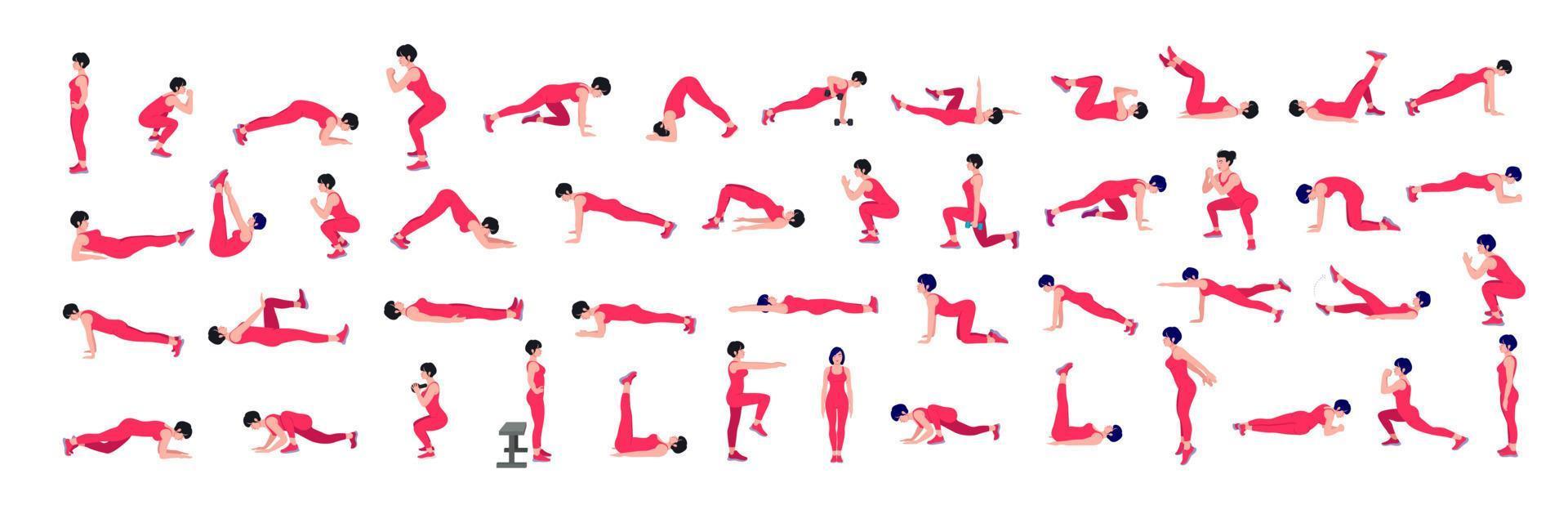 Women Workout Set. women exercise vector set. Women doing fitness and yoga exercises. Lunges, Pushups, Squats, Dumbbell rows, Burpees, Side planks, Glute bridge, Leg Raise, Russian Twist .etc