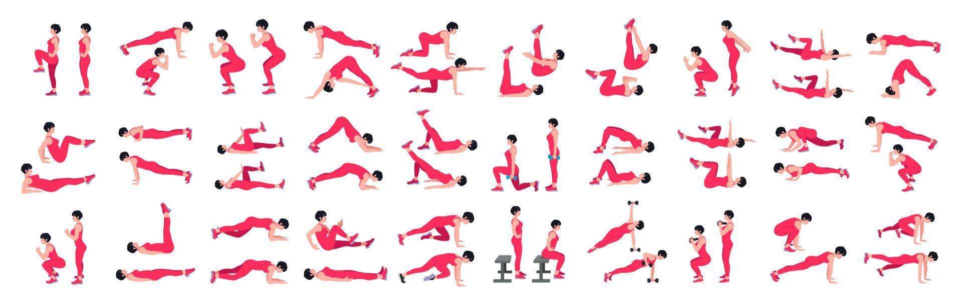 Women Workout Set. women exercise vector set. Women doing fitness and yoga exercises. Lunges, Pushups, Squats, Dumbbell rows, Burpees, Side planks, Glute bridge, Leg Raise, Russian Twist .etc