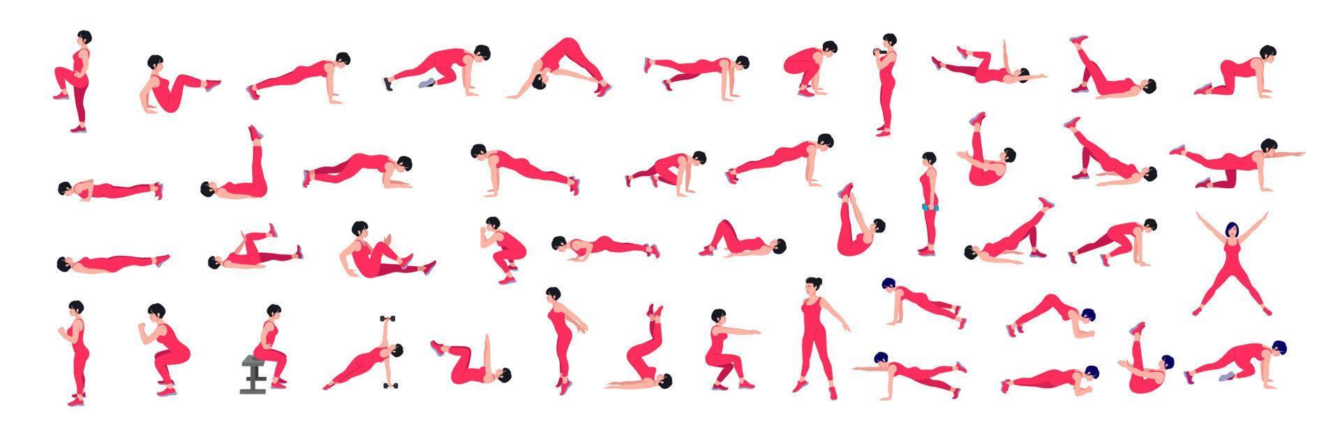 Women Workout Set. women exercise vector set. Women doing fitness and yoga exercises. Lunges, Pushups, Squats, Dumbbell rows, Burpees, Side planks, Glute bridge, Leg Raise, Russian Twist .etc