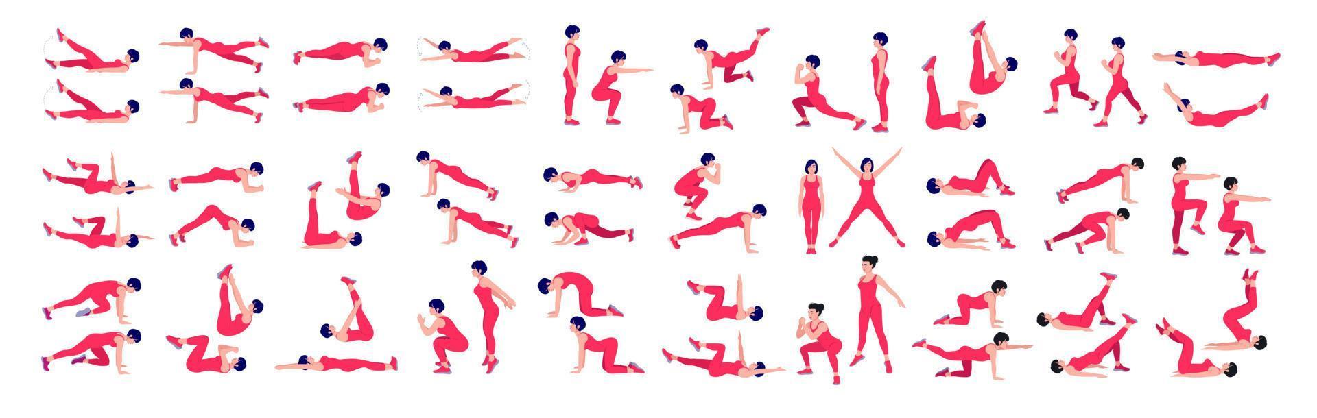 Women Workout Set. women exercise vector set. Women doing fitness and yoga exercises. Lunges, Pushups, Squats, Dumbbell rows, Burpees, Side planks, Glute bridge, Leg Raise, Russian Twist .etc