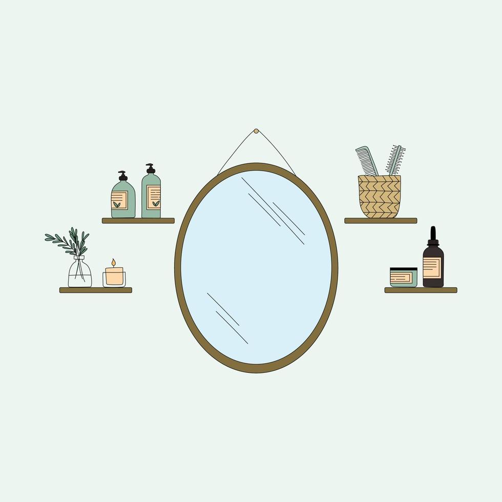 A beautiful bathroom mirror with shelves, cosmetics and plants. Mirror in a wooden frame. Icon in flat style. . Vector illustration