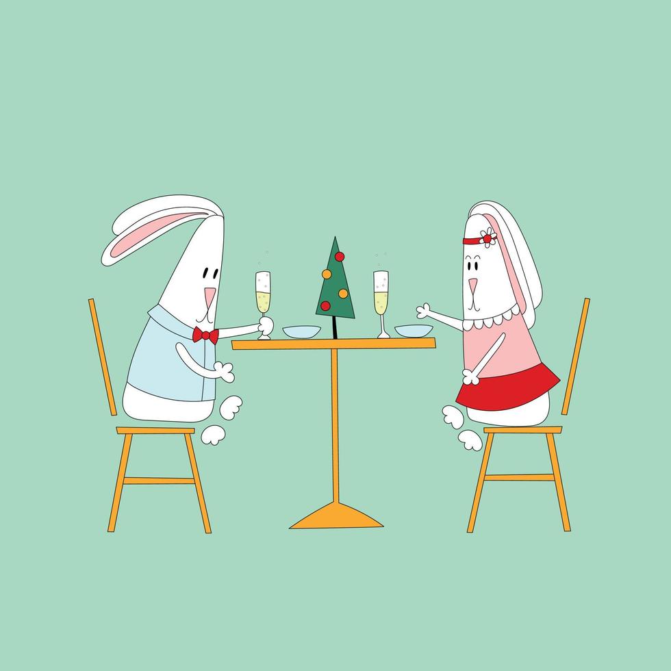 Rabbit symbol 2023. A couple at the New Year s table. Romantic date for Christmas vector