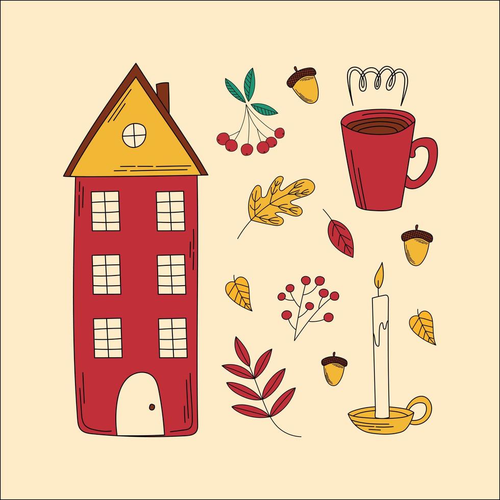 Set of cute Autumn elements. Hello Autumn, fall season icons collection. Hand drawn vector doodle.