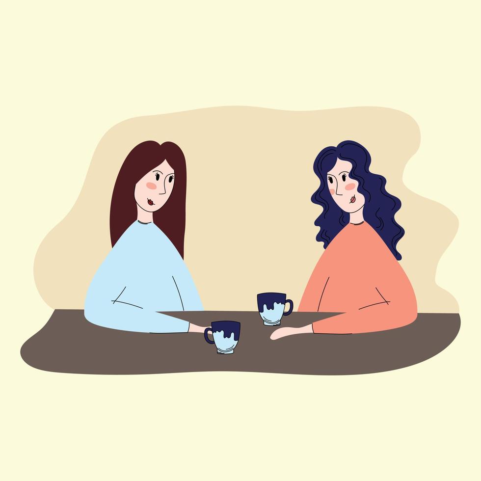Self care. Vector illustration in flat style. Tea time. Young beautiful girls drink tea. Vector illustration