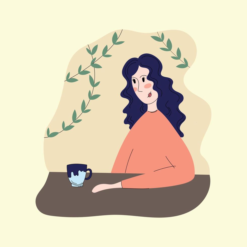 Self care. Vector illustration in flat style. Tea time. A young beautiful girl drinks tea in silence. Vector illustration