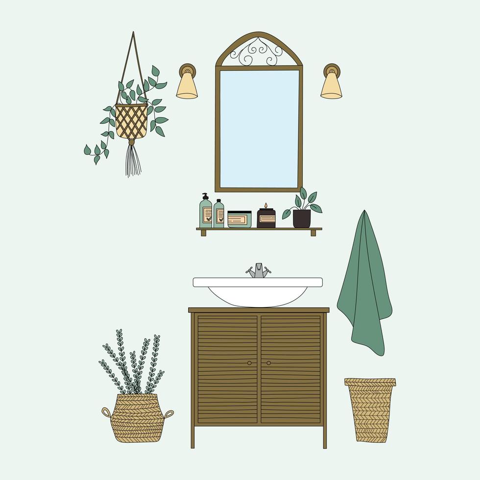 Bathroom interior design. Modern sink table, mirror and bath towels flat vector illustration. Empty bath room. Equipment and items for interior decoration. Hand drawn vector doodle.