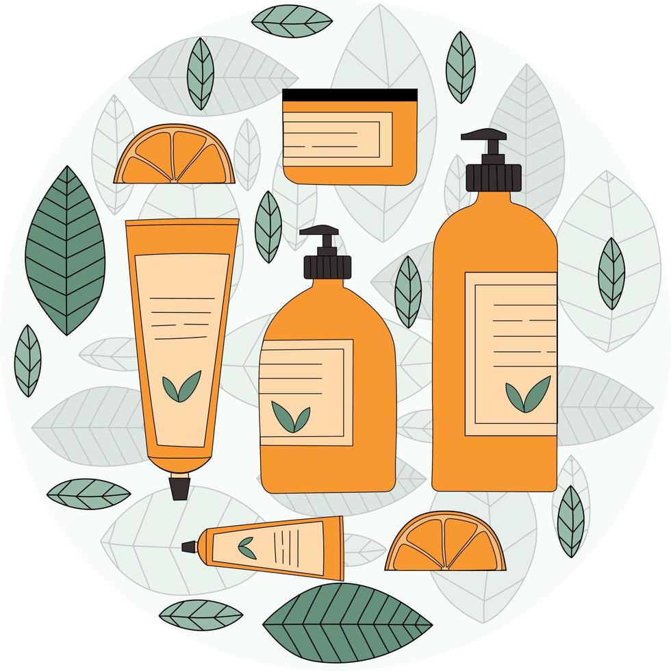 Skin care organic cosmetic set in flat style. Woman stuff, eco girls accessory concept. Natural face care products. Hand drawn vector doodle.