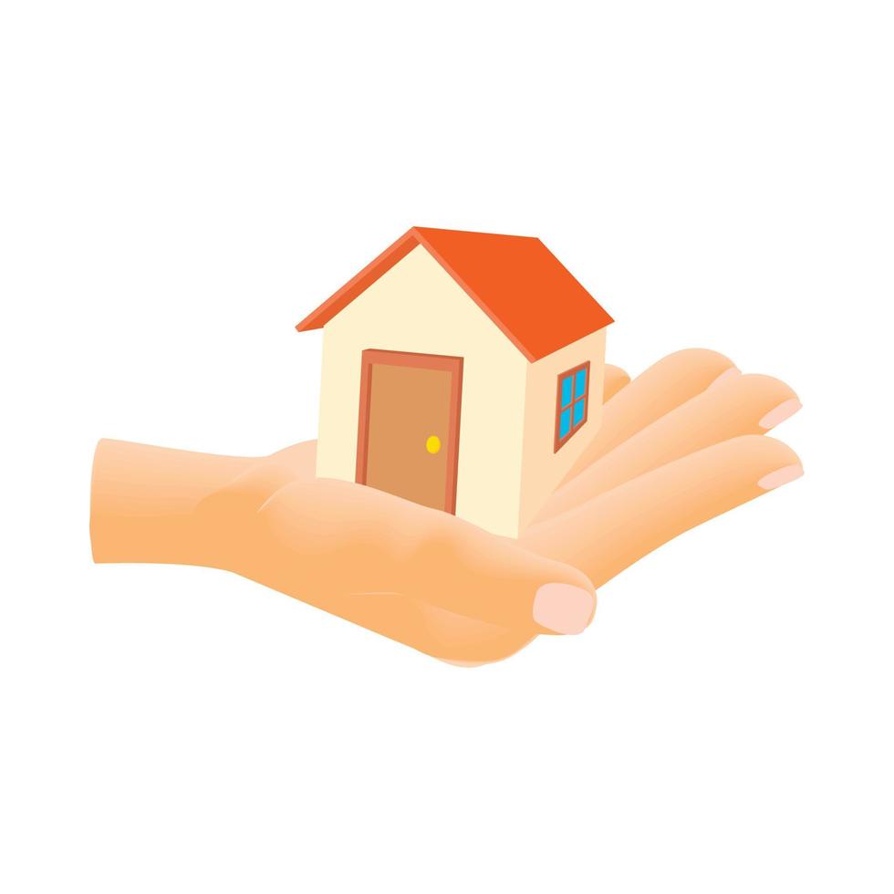 Hand holding house icon, cartoon style vector