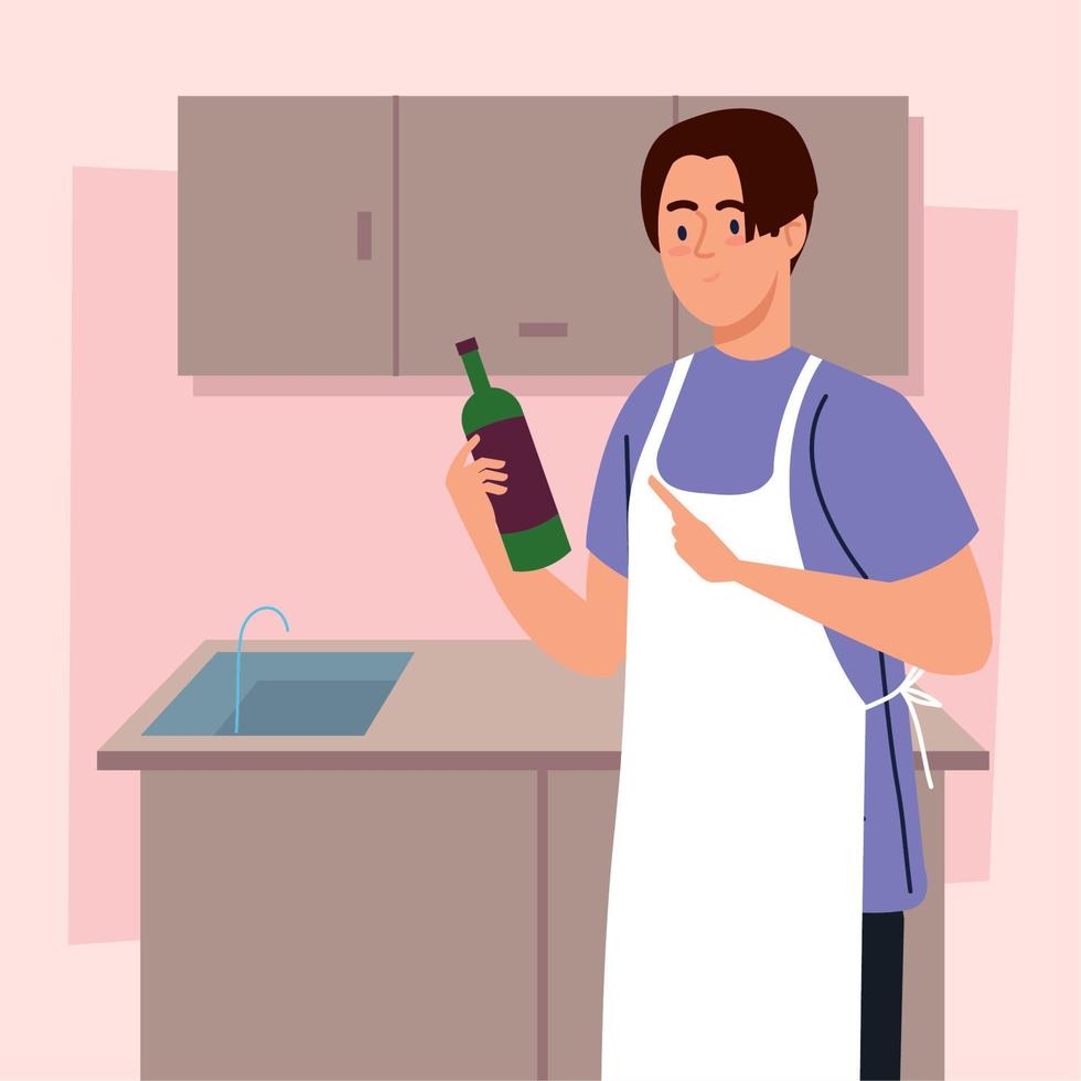 hombre cocinando con vino vector