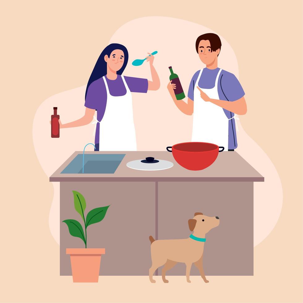 couple cooking with dog vector
