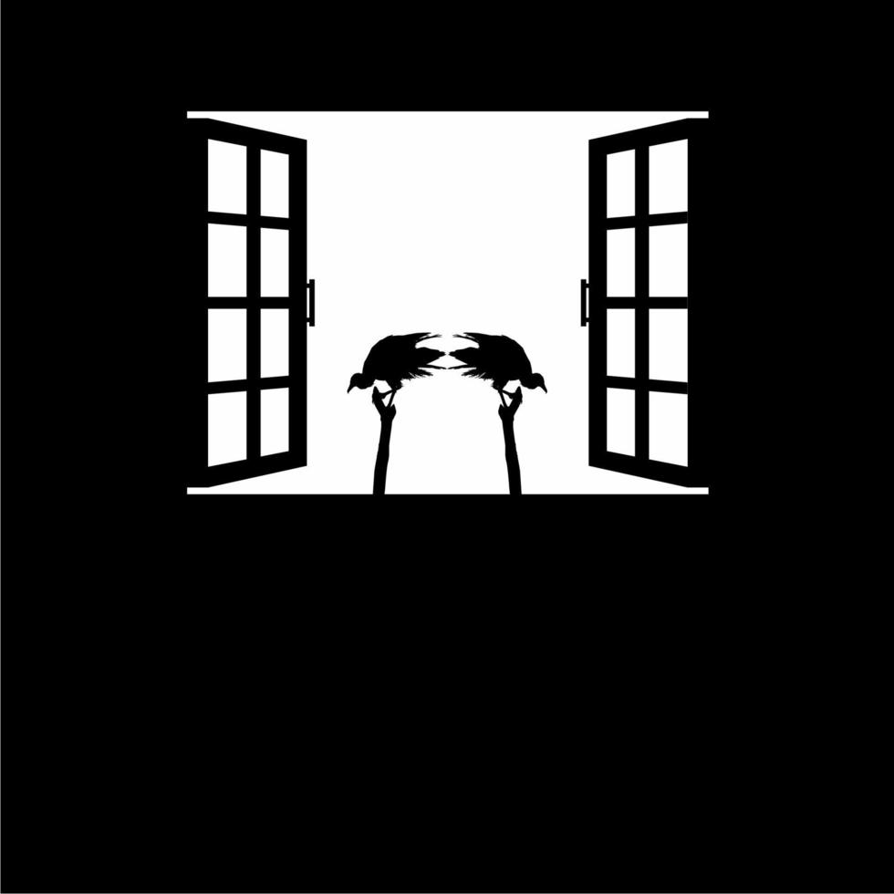 Black Vulture Bird on the Window Silhouette. Creepy, Horror, Scary, Mystery, or Crime Illustration. Illustration for Horror Movie or Halloween Poster Design Element. Vector Illustration