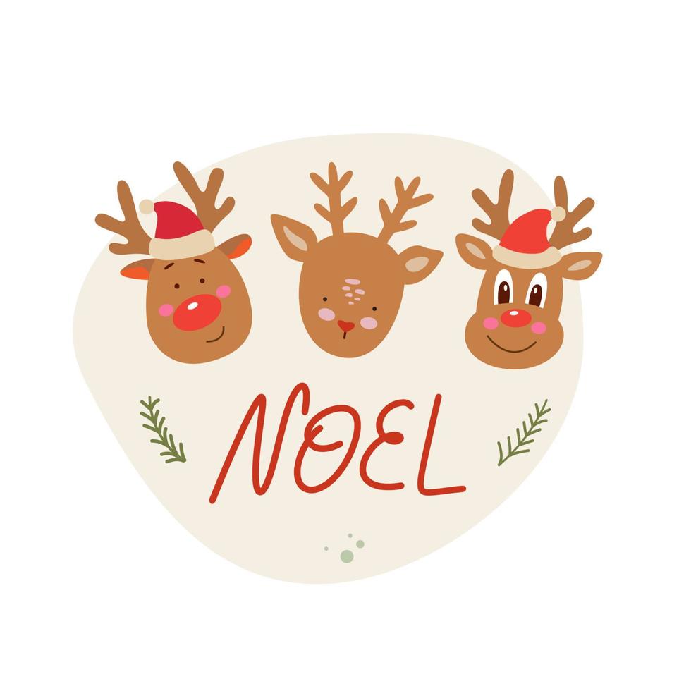 renos con palabra noel, diseño de tarjeta de feliz navidad. vector