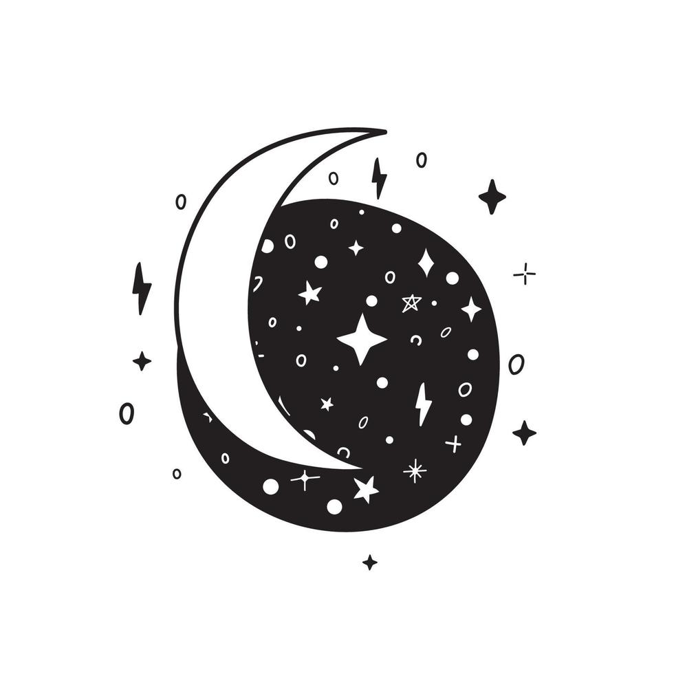 luna dibujada a mano sobre fondo blanco. linda luna abstracta dibujada a mano. con estrellas vector