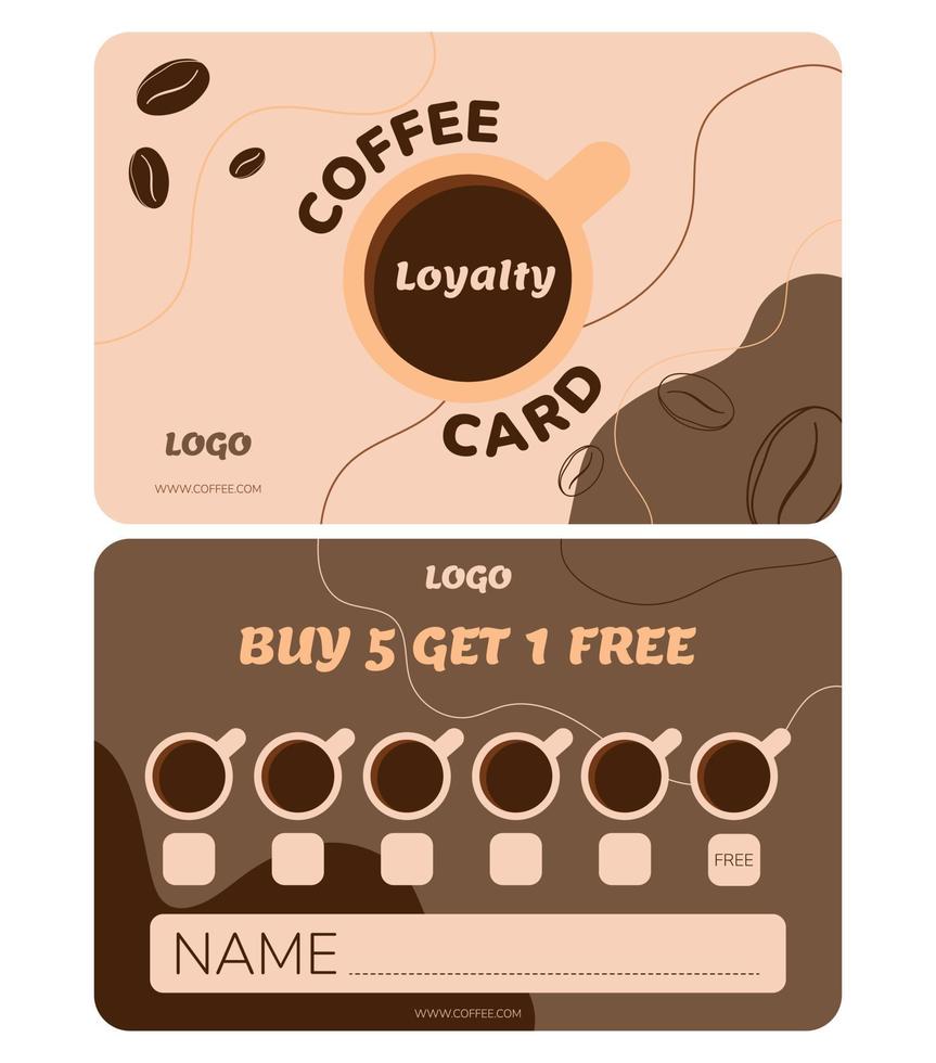 Vector loyalty card template. Vip card for coffee shop customers. Every 6 cups of coffee for free. Card in brown tones with an illustration of a cup and a coffee bean.