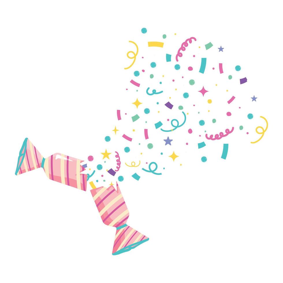 Vector illustration of confetti for denouement day decoration. Pink clapper for holiday party with confetti.