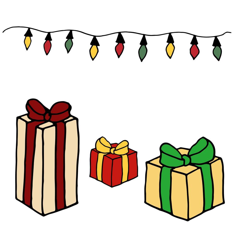 Set Christmas gifts and garlands. Red, green, yellow colors. Vector illustration.