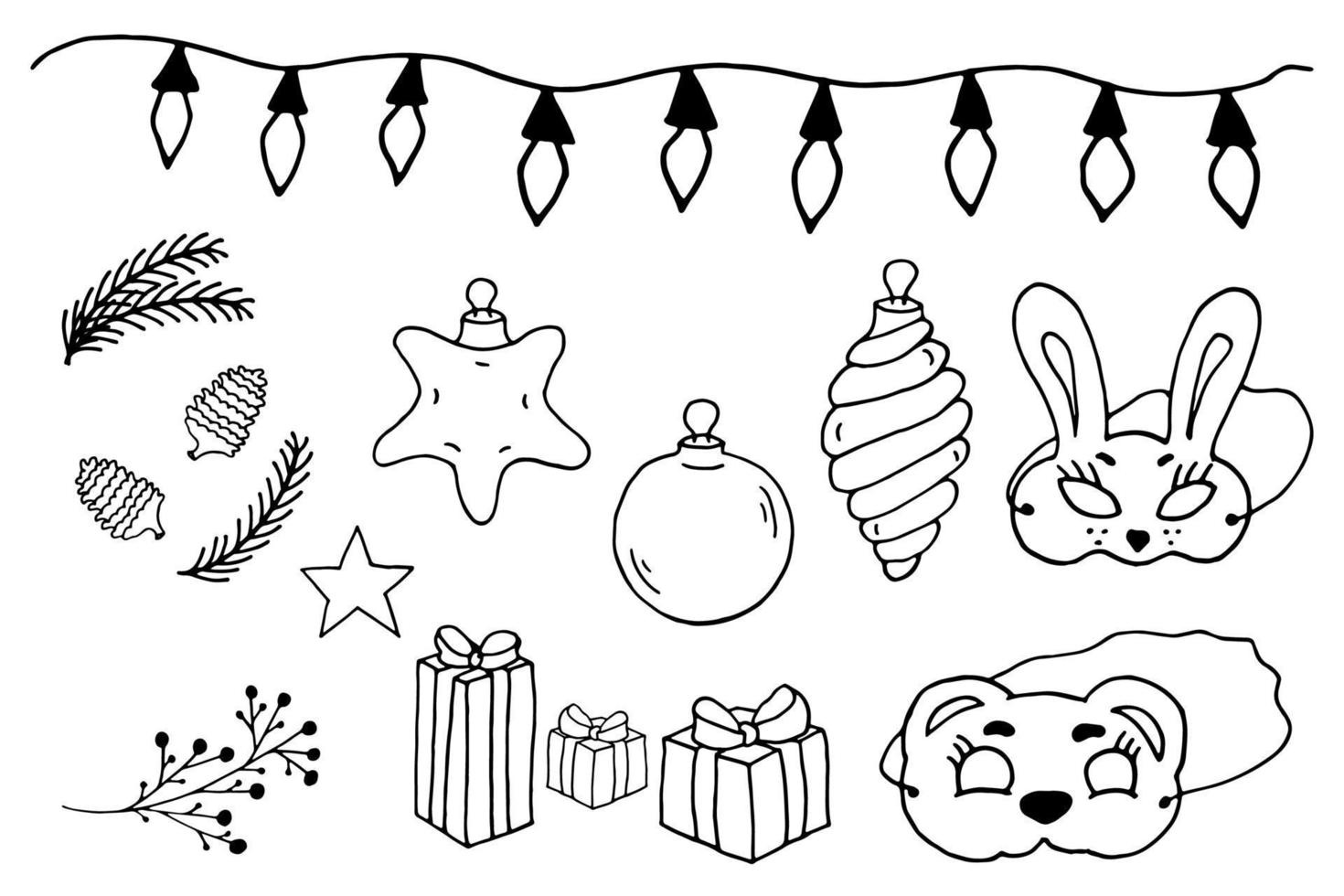 Coloring page. Christmas balls spiral stars tree brunch mask gift pine cones. Vector illustration.