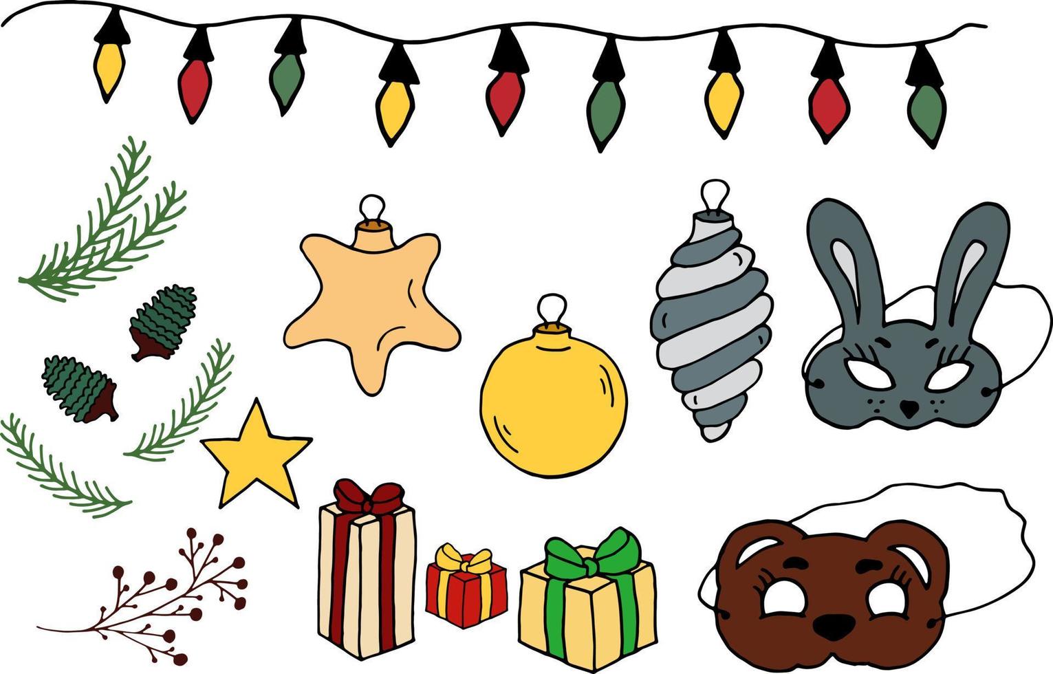 New year Vector illustration. Christmas balls spiral stars tree brunch mask gift pine cones.