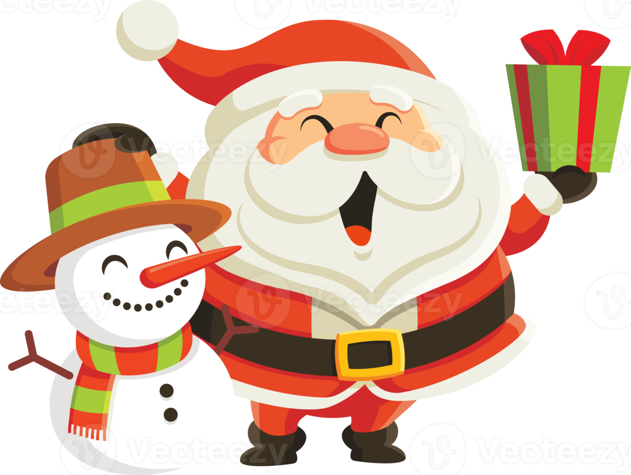 Merry Christmas and Happy New Year. Cute cartoon Santa Claus holding Christmas present and hand touch on snowman head. Holiday greeting card Santa Claus and snowman illustration png