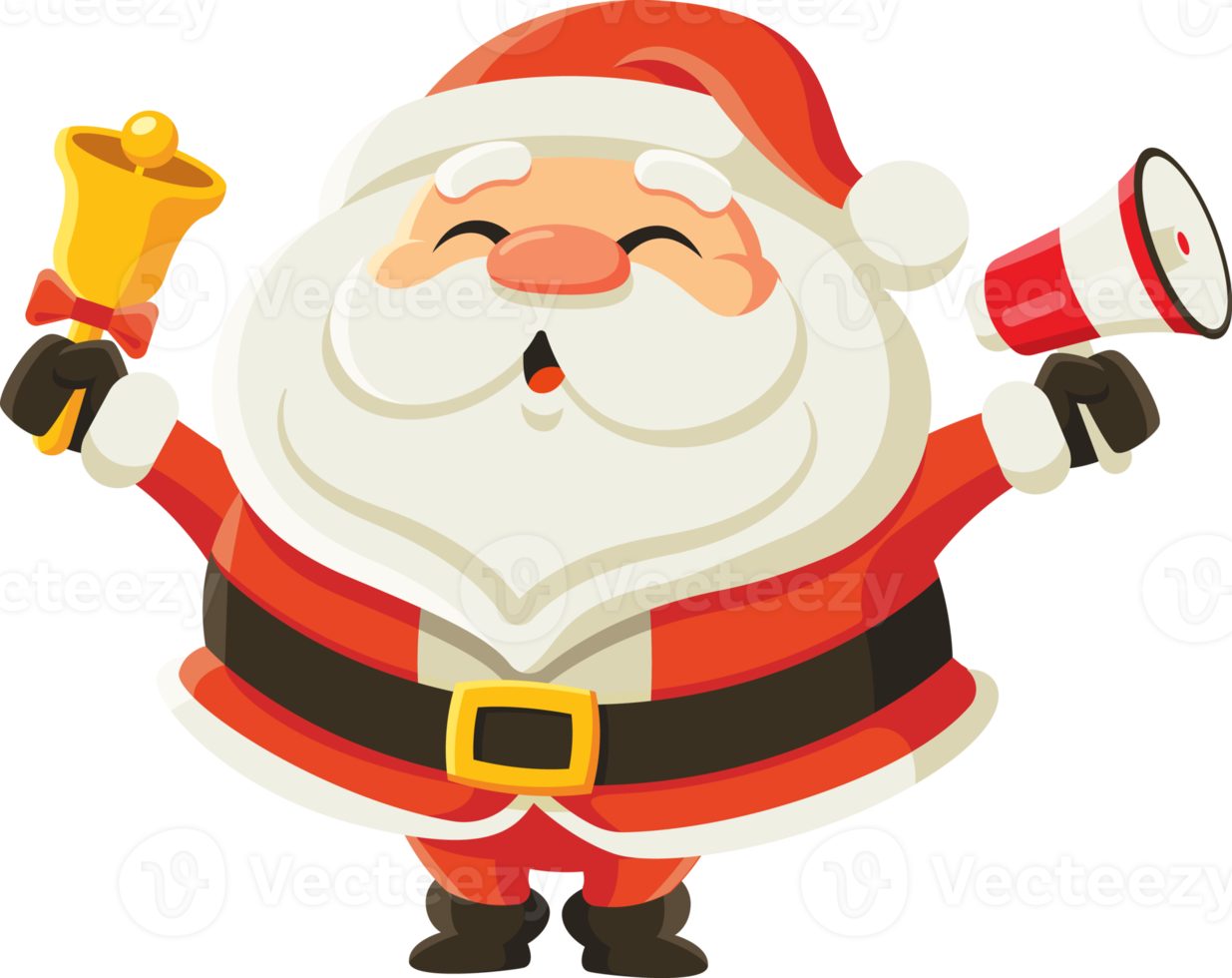 Merry Christmas. Santa Claus holding bell and megaphone to announce something. Character illustration png