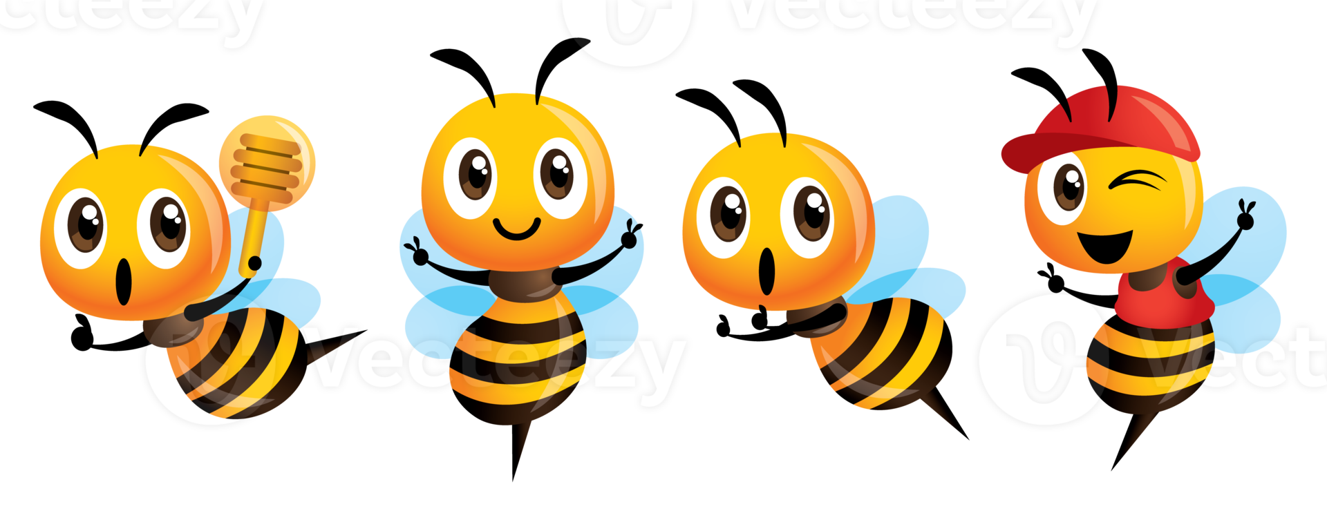 Cartoon cute bee mascot set. Cartoon cute bee showing victory sign, holding a honey dipper and wearing cap. Bee cartoon isolated png