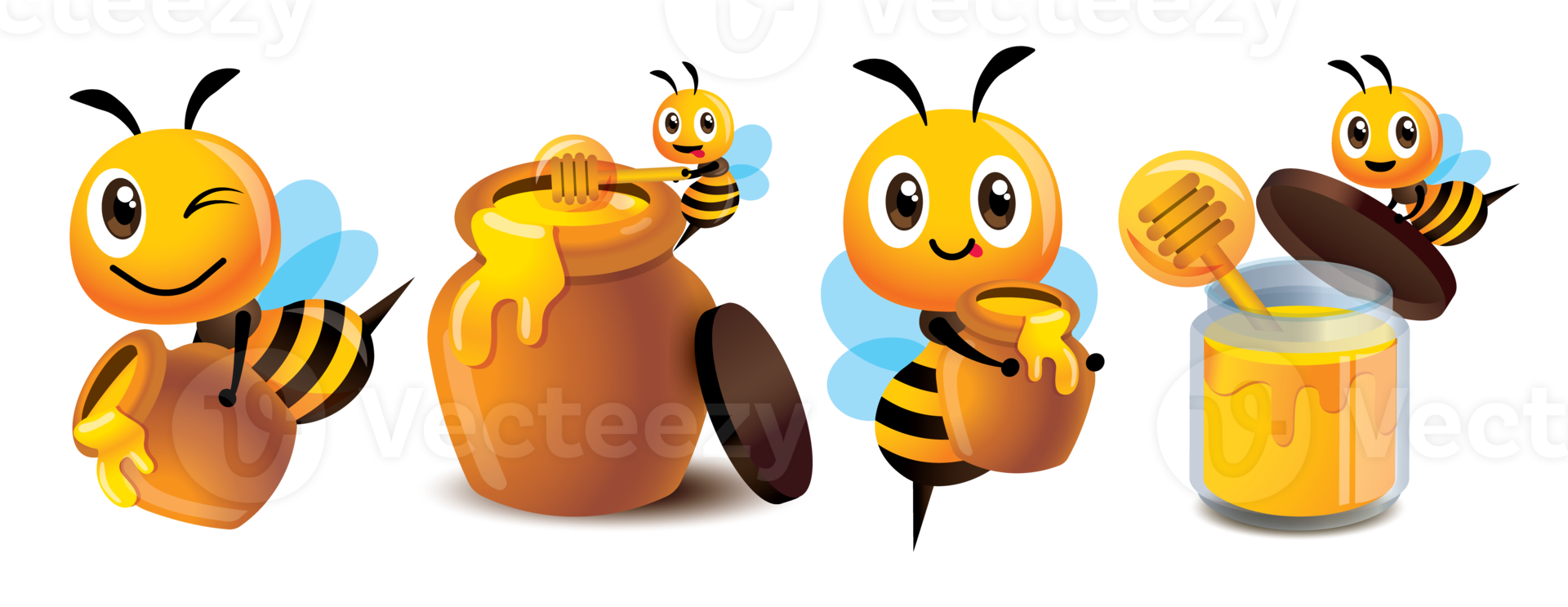 Cartoon cute bee mascot set. Cartoon cute bee with honey pot set. Cute bee carries honey pot and organic honey bottle character illustration isolated png