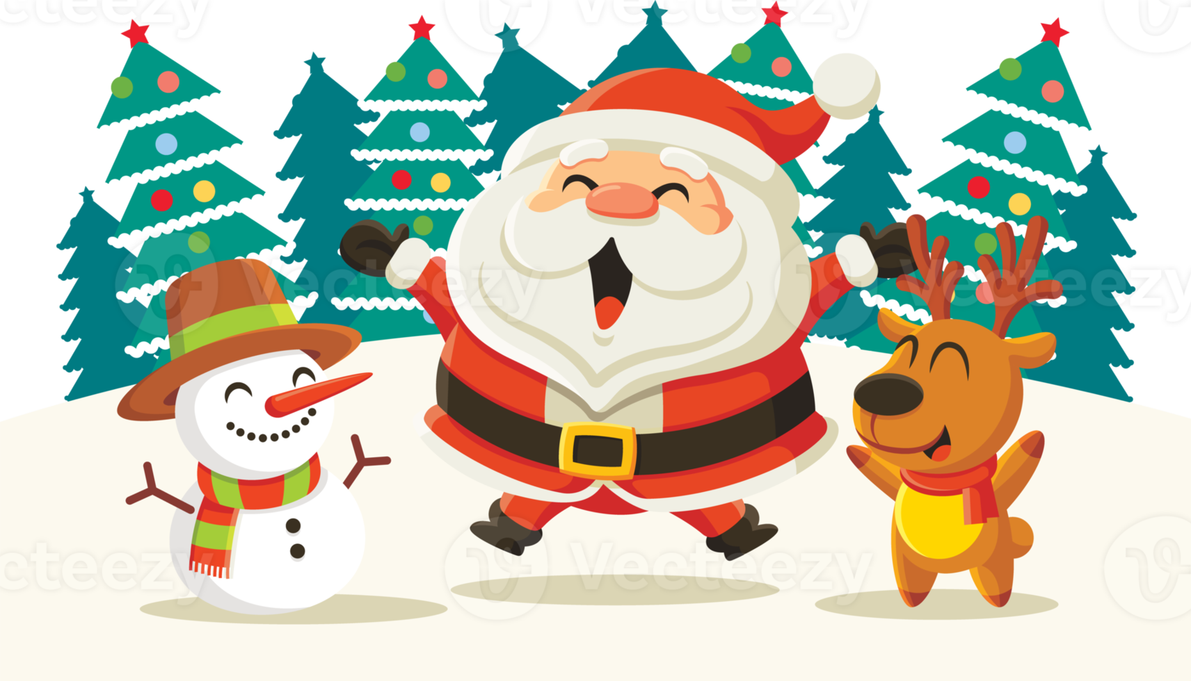 Free cartão de feliz natal com cartoon papai noel, renas e boneco de neve na neve e cenário de árvores de natal 14500564 PNG with Transparent Background Free cartão de feliz natal com cartoon papai noel, renas e boneco de neve na neve e cenário de árvores de natal 14500564 PNG with Transparent Background