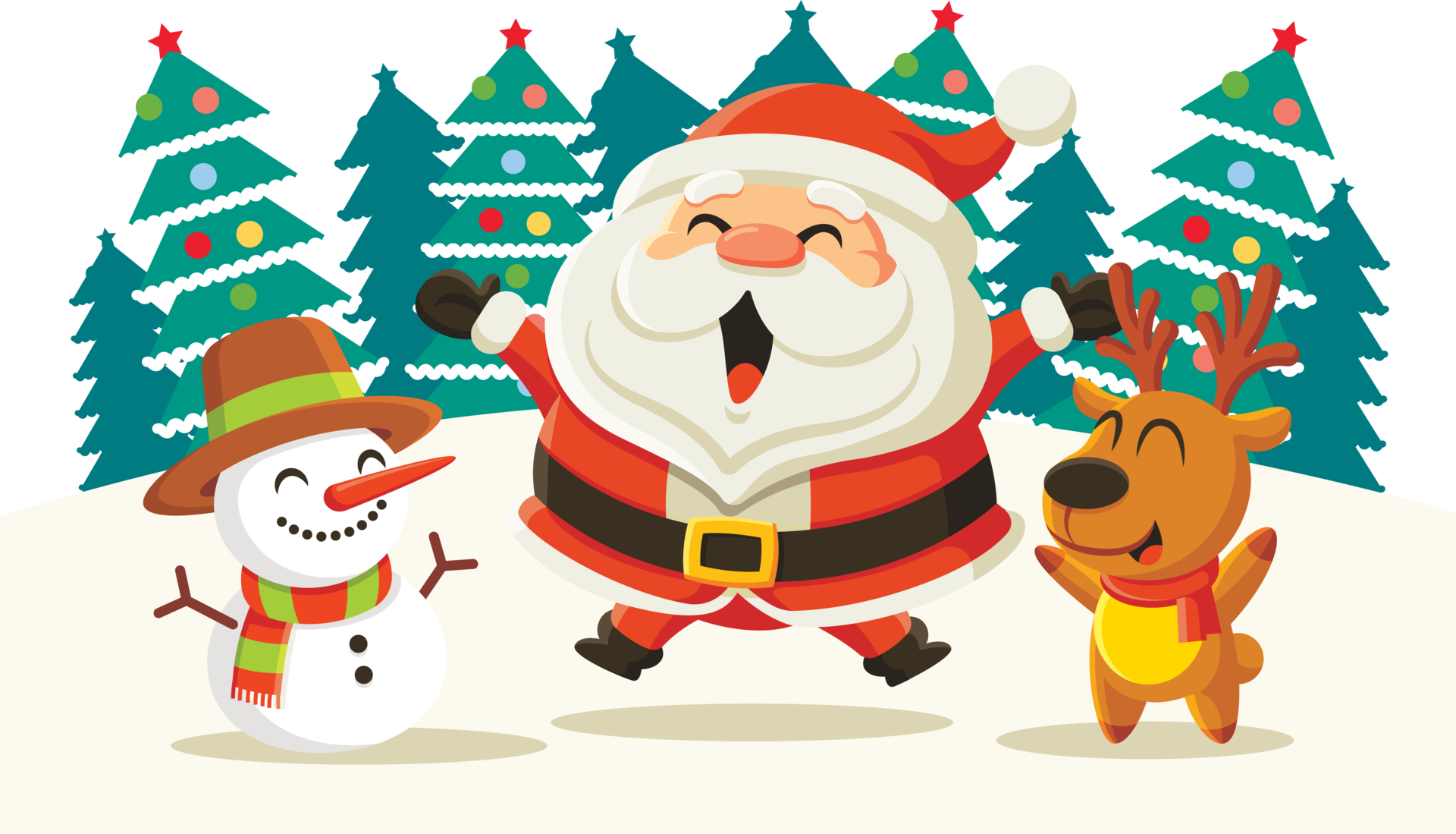 Free Merry Christmas greeting card with cartoon Santa Claus, reindeer and  snowman in snow and christmas trees scenery 14500564 PNG with Transparent  Background