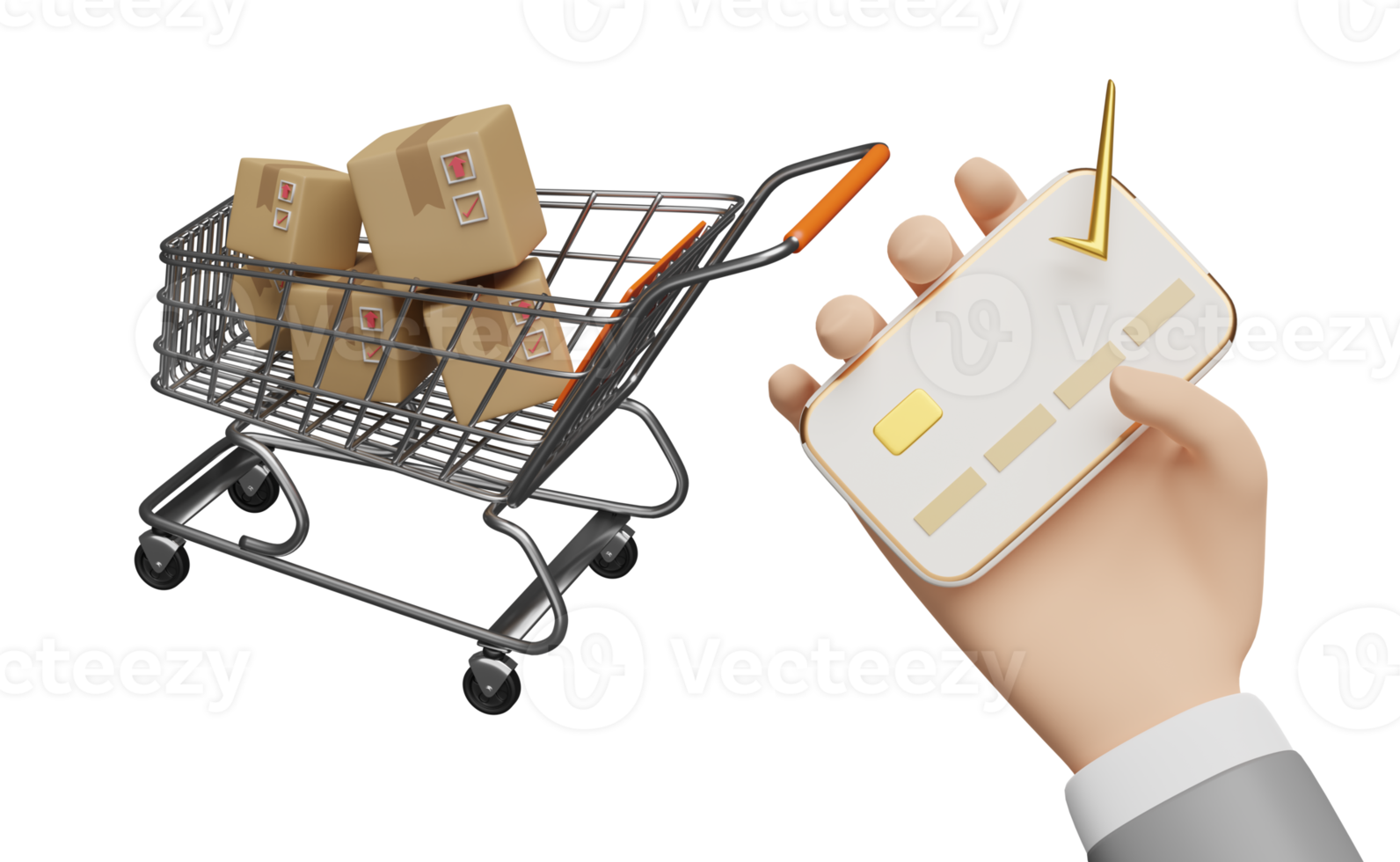 manos de empresario con cheque de tarjeta de crédito con caja de cartón de mercancías, carrito de compras aislado. concepto de compras en línea, ilustración 3d o presentación 3d png