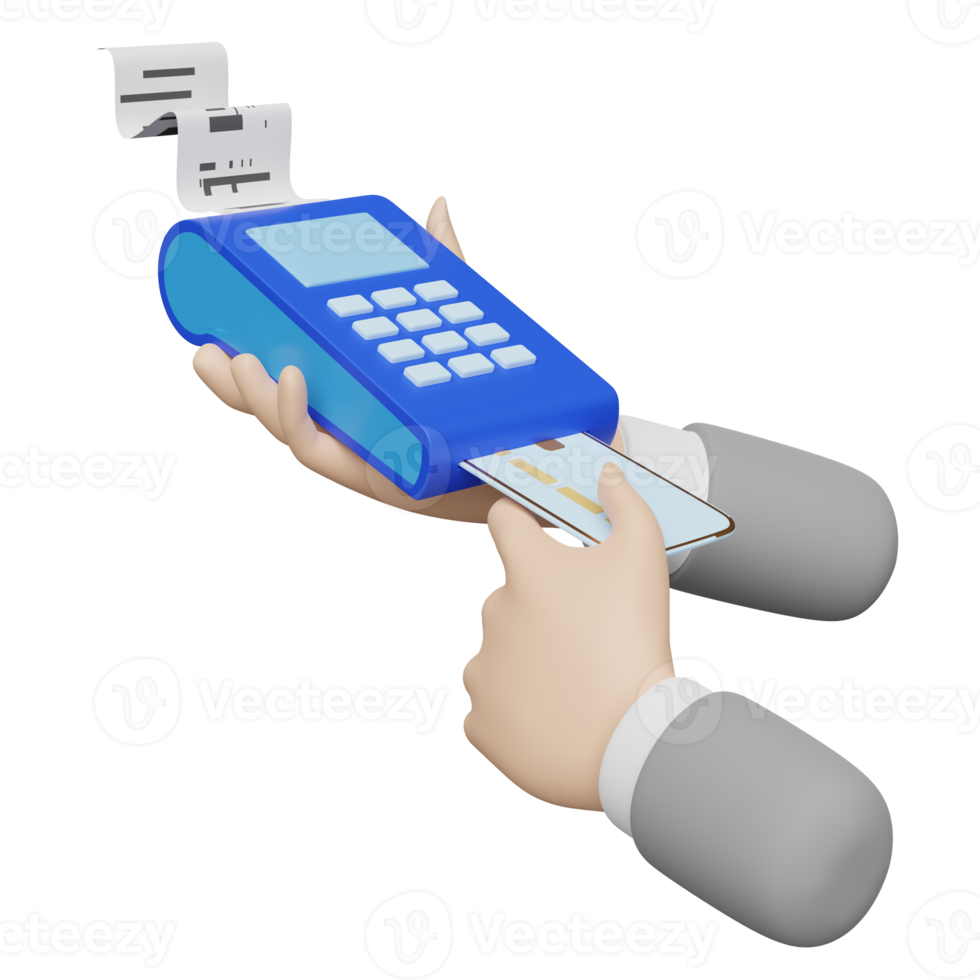 máquina de pago 3d o terminal pos con mano de hombre de negocios con tarjeta de crédito, pago electrónico de facturas, factura o recibo de cheque en papel aislado. ilustración de procesamiento 3d png