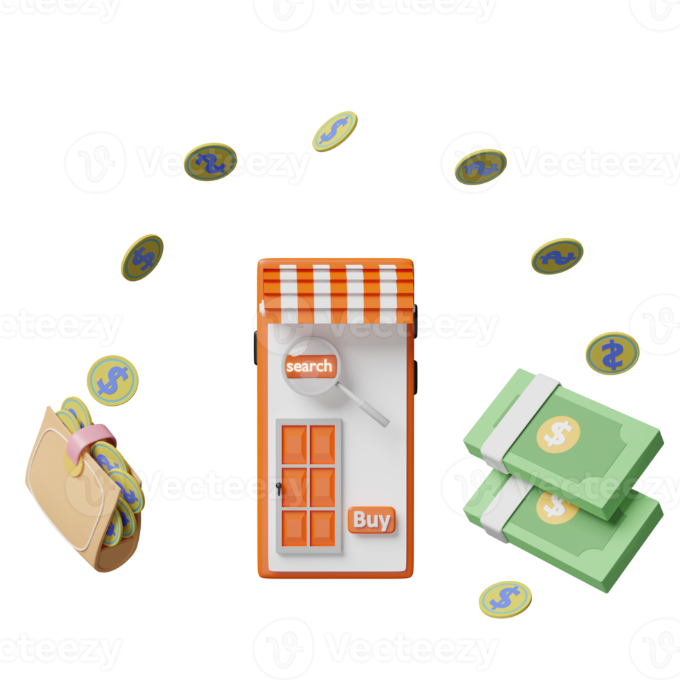 3d wallet and orange mobile phone or smartphone with store front, coins, dollar banknote isolated. saving money concept, 3d render illustration png