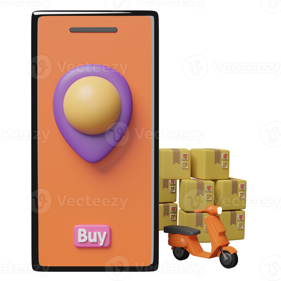 Téléphone mobile orange 3d ou smartphone avec broche, scooter, boîte en carton de marchandises, étiquette d'achat isolée. livraison en ligne ou concept de suivi des commandes en ligne, illustration de rendu 3d png