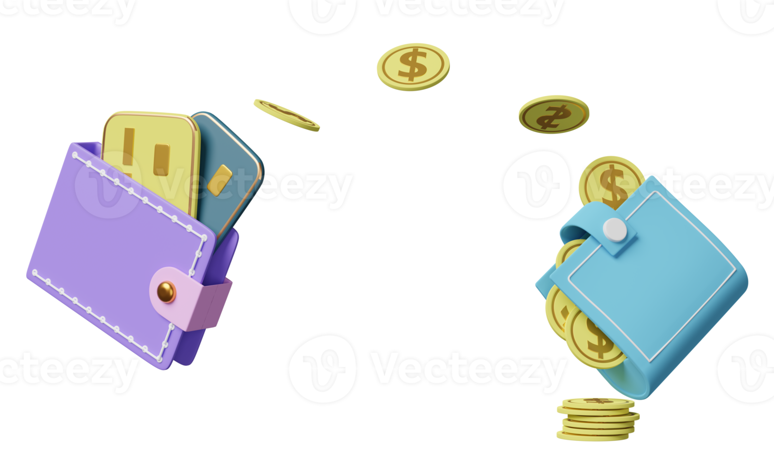 wallet and credit card with coins isolated. currency exchange, saving money concept, 3d illustration or 3d render png