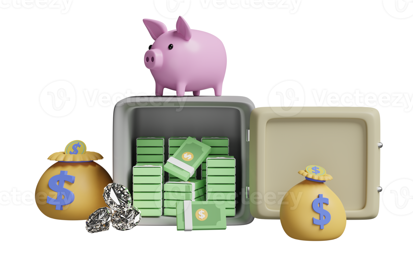 Safe und Sparschwein mit Geldsack, Diamant, Dollar-Banknotenstapel isoliert. business banking oder geldsparkonzept, 3d-illustration oder 3d-rendering png