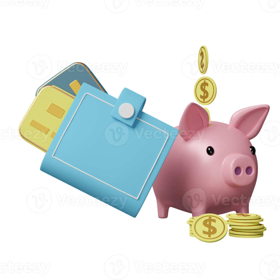 wallet and piggy bank with credit card, coins isolated. saving money concept, 3d illustration or 3d render png